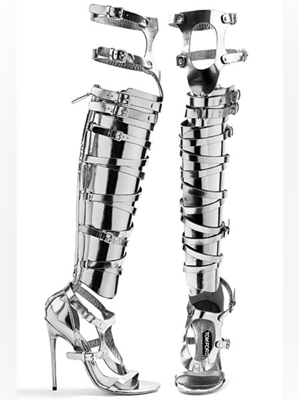Tom Ford Gladiator High Heels Shoes Knee Length 2013 Metallic Silver Size 39